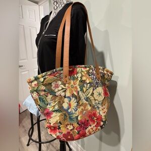 Vintage Floral Tapestry BOHO Tote Leather Straps Grandmillennial Cottagecore XL